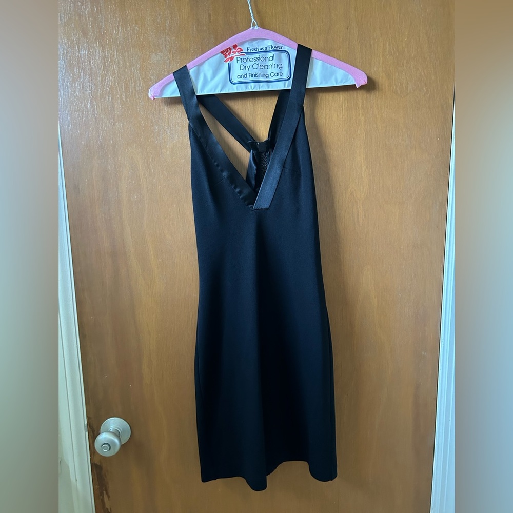 BEBE rhinestone zip pointe little black dress size XS (retail $169)
